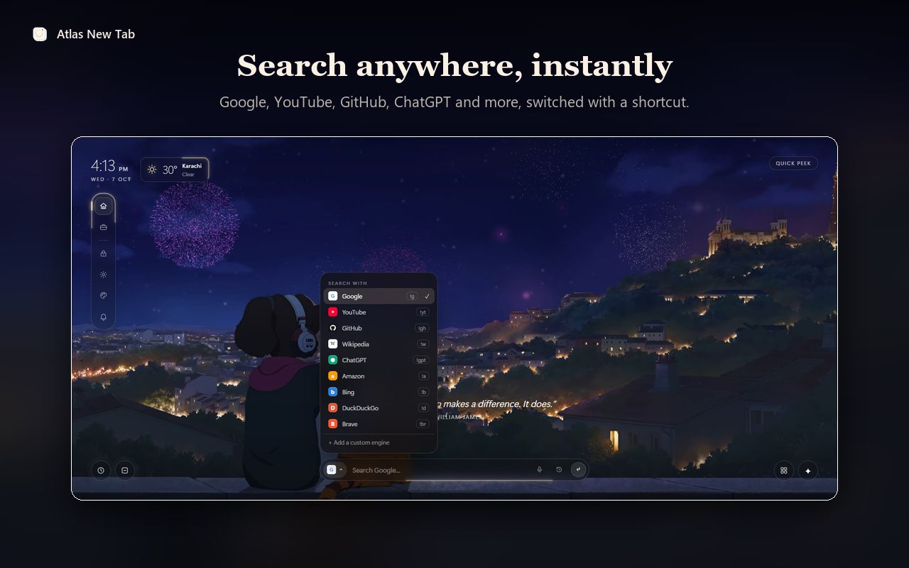 Atlas search bar with a menu of search engines including Google, YouTube, GitHub, Wikipedia, ChatGPT and Amazon, over an evening city wallpaper